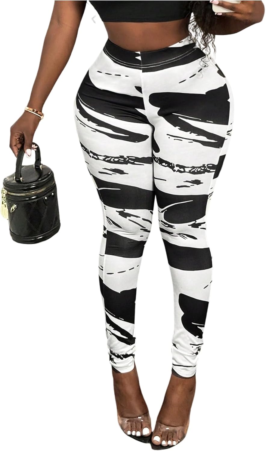 WDIRARA Women's Graphic Print Leggings High Waisted Stretchy Skinny Pants