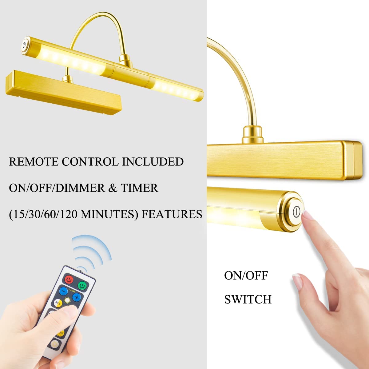 BIGLIGHT Drahtlose Bildleuchte mit Fernbedienung, Batteriebetriebene Drahtlose Wandleuchte, 13 Zoll 180° Drehbarer Lampenkopf mit 3-Beleuchtungsmodi, Dimmbares Display-Golden