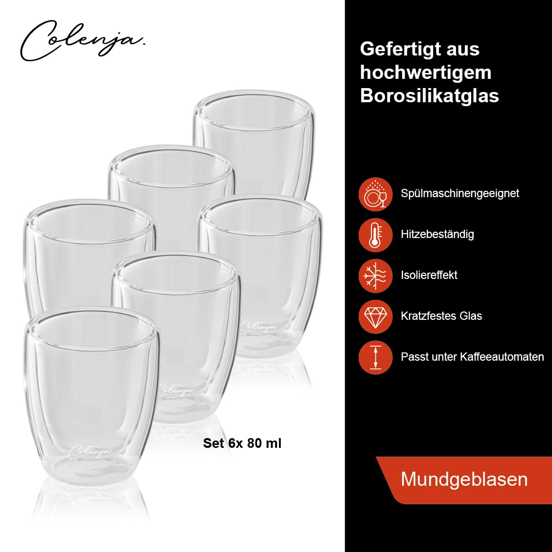 Set di 6 tazzine caffe vetro a doppia parete 80 ml - Bicchieri espresso di alta qualità - Vetro elegante e resistente ai graffi - Idea regalo - Vetro borosilicato - Lavabili in lavastoviglie