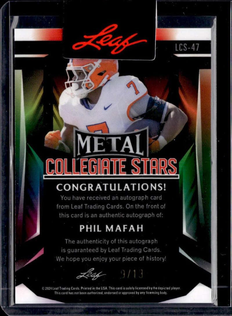 PHIL MAFAH RC SP AUTO 2024 Leaf Metal Autograph 9/13 Collegiate Stars Collection Clemson NM+-MT Football Prospect