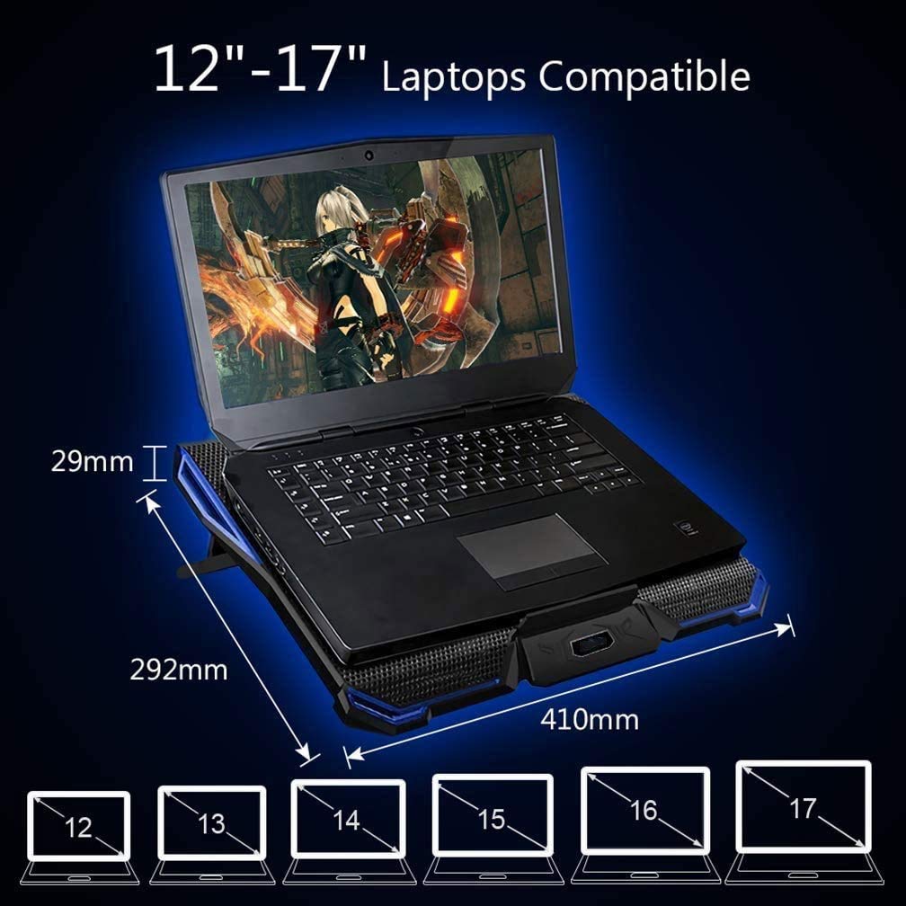 12-17 Inch Gaming Laptop Cooler Cooling Pad 5 Quiet Fans USB Powered Blue LED Light 7 Level Adjustable Mount Stands