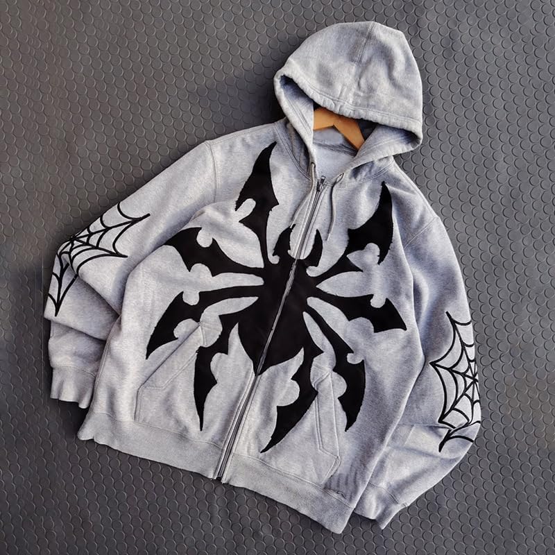 Obenie Men's y2k Spider Full Zipper Hoodie Jacket Hip Hop Aesthetic Pattern Hoodie Coat