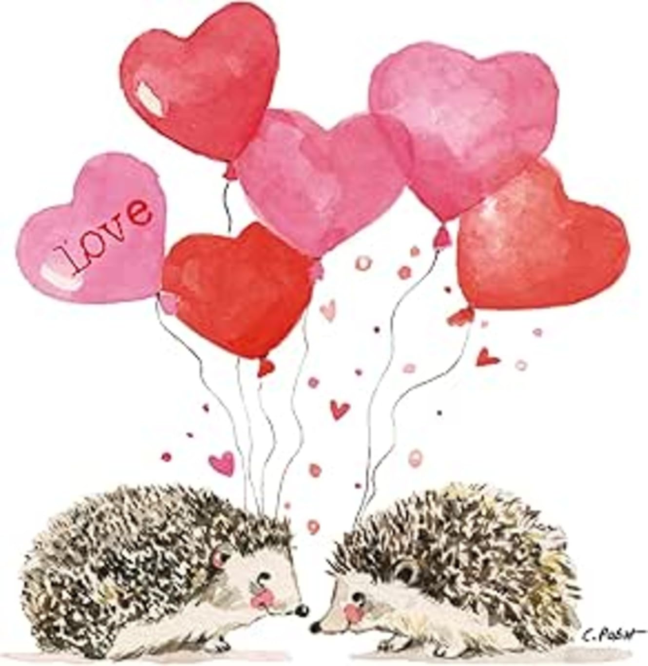 Set of 2 Individual Decoupage Paper Party Napkin Two Hedgehogs Balloons Love Hearts Watercolor Decor Luncheon Napkins for a Birthday Holiday, Wedding, Cocktail Party