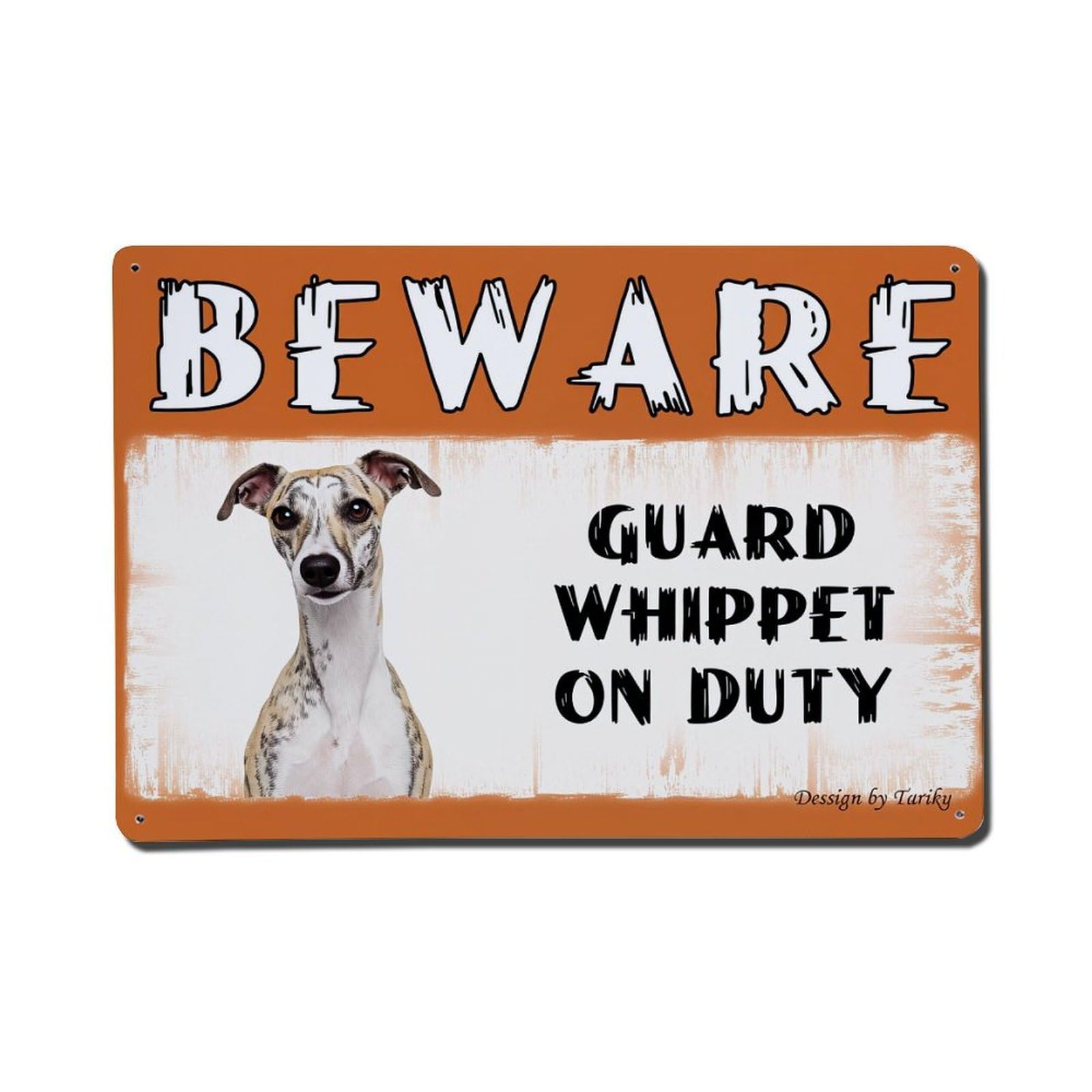 Beware Guard Whippet On Duty Retro Metal Tin Sign, Vintage Metal Poster for Home, Gaming Room, Studio Workshop,Bar,Garage Wall Art Decor 8x12 Inch