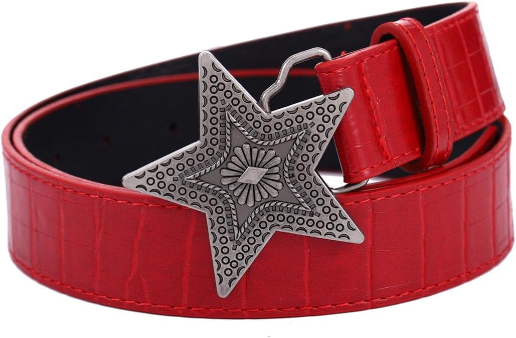 Women Red Western Belt with Floral Buckle Vintage Country Belts for Pants Jeans Dress Cowboy Cowgirls Leather Belt