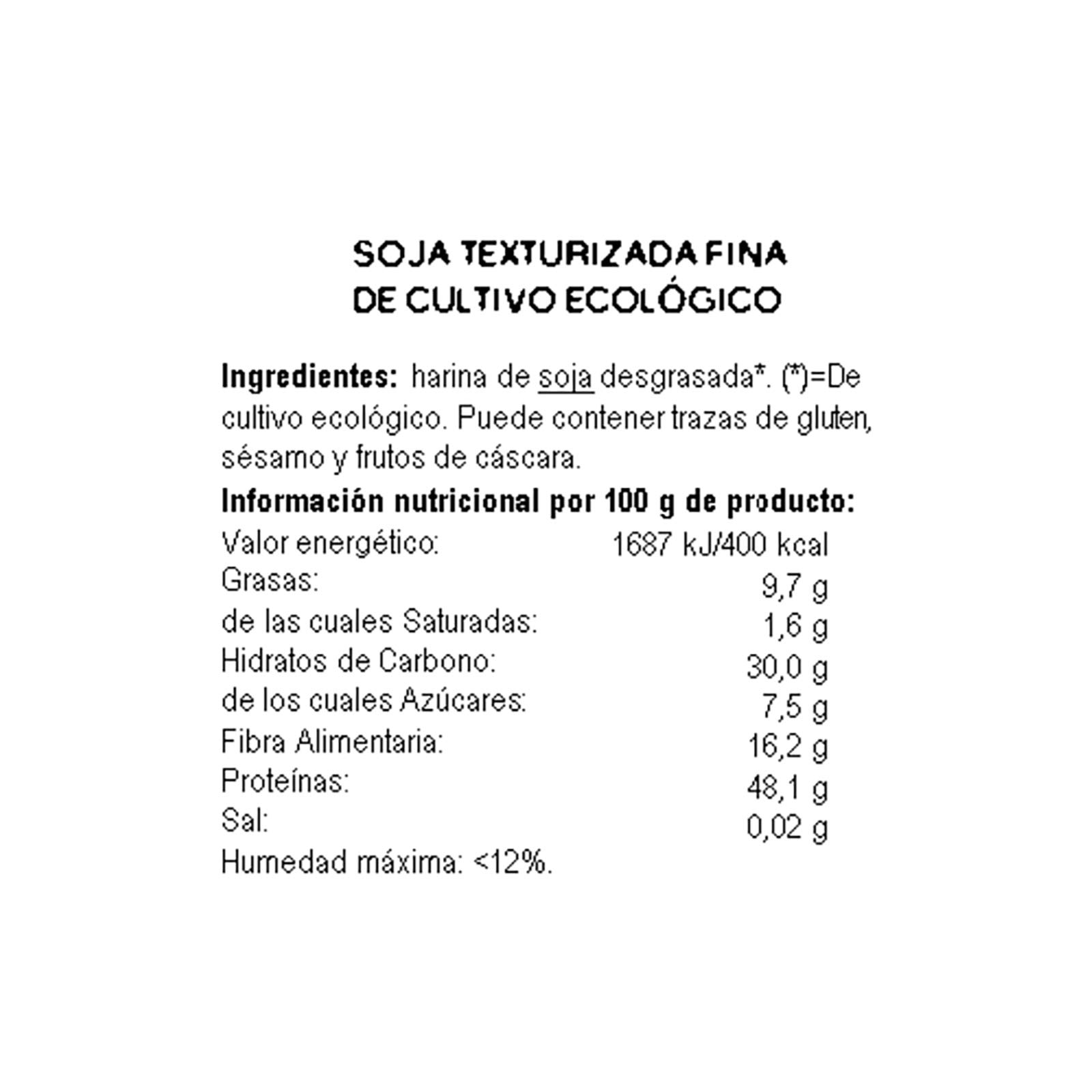 Soja Texturizada Fina Ecológica 250 g Sin Azúcar Añadido Vegana Alto Contenido en Proteínas y Fibra