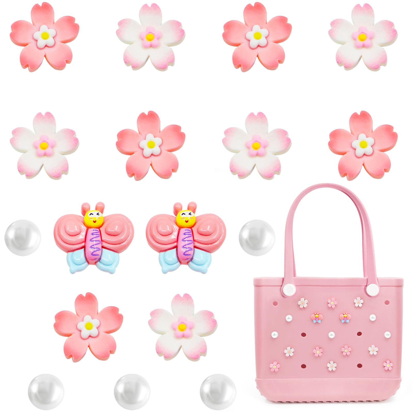 QTKJCharms for Bogg Bag, 17 Pcs Cherry Blossoms and Bees for Bogg Bag Accessories, Compatible with Women Rubber Beach Bag Tote Handbag Decoration, Resin, resin