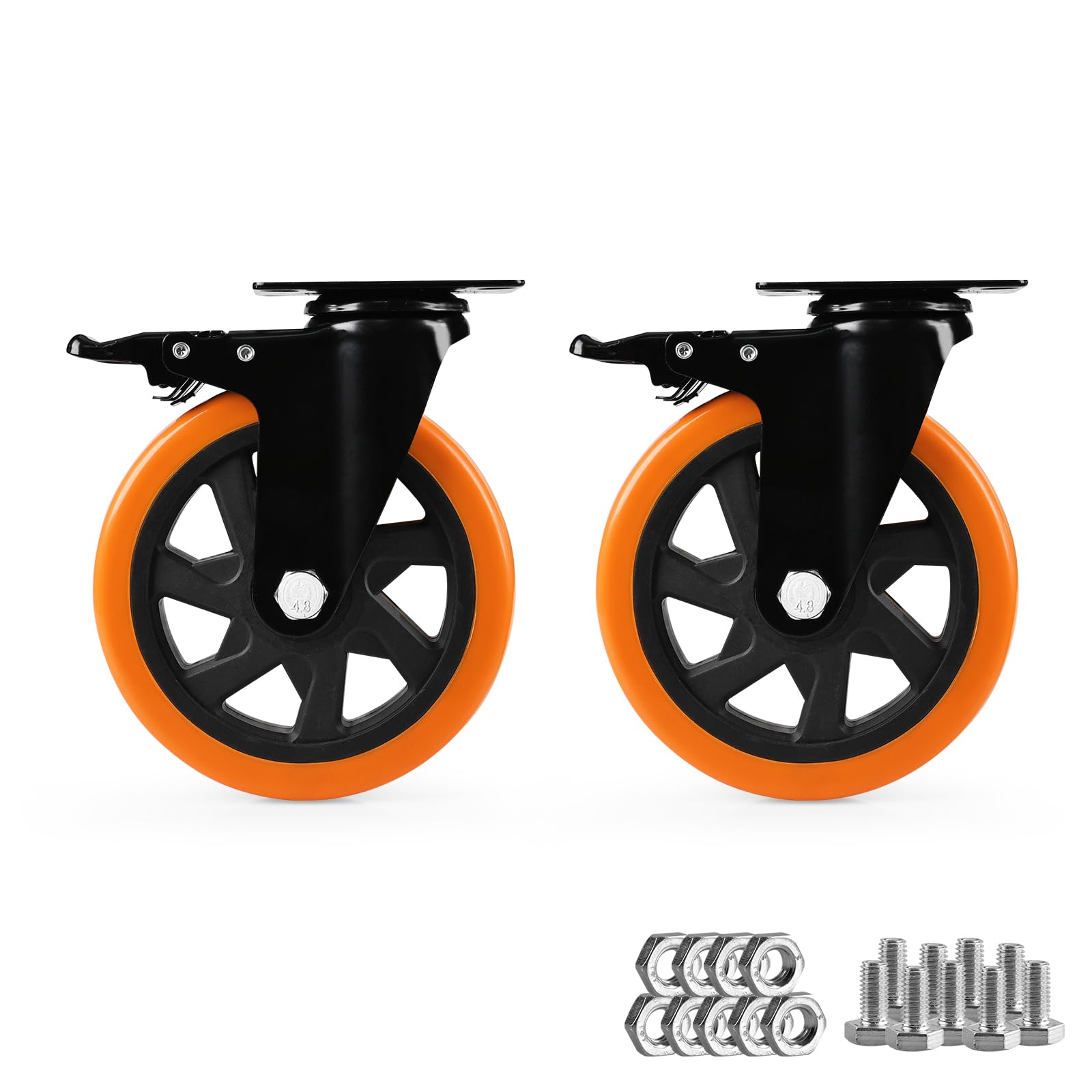 Caster Wheels, Heavy Duty 6 Inch Casters Set of 2, Locking Swivel Casters Wheels for Cart, Furniture and Workbench, Orange