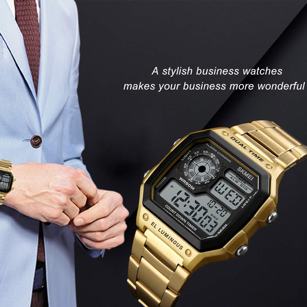 Reloj Hombres Lujo,Relojes Digitales de Lujo, Reloj de Pulsera para Hombre Cuadrado Relojes de Deportes al Aire Libre con Calendario de Alarma Impermeable Retroiluminación del Tiempo (Gold)…