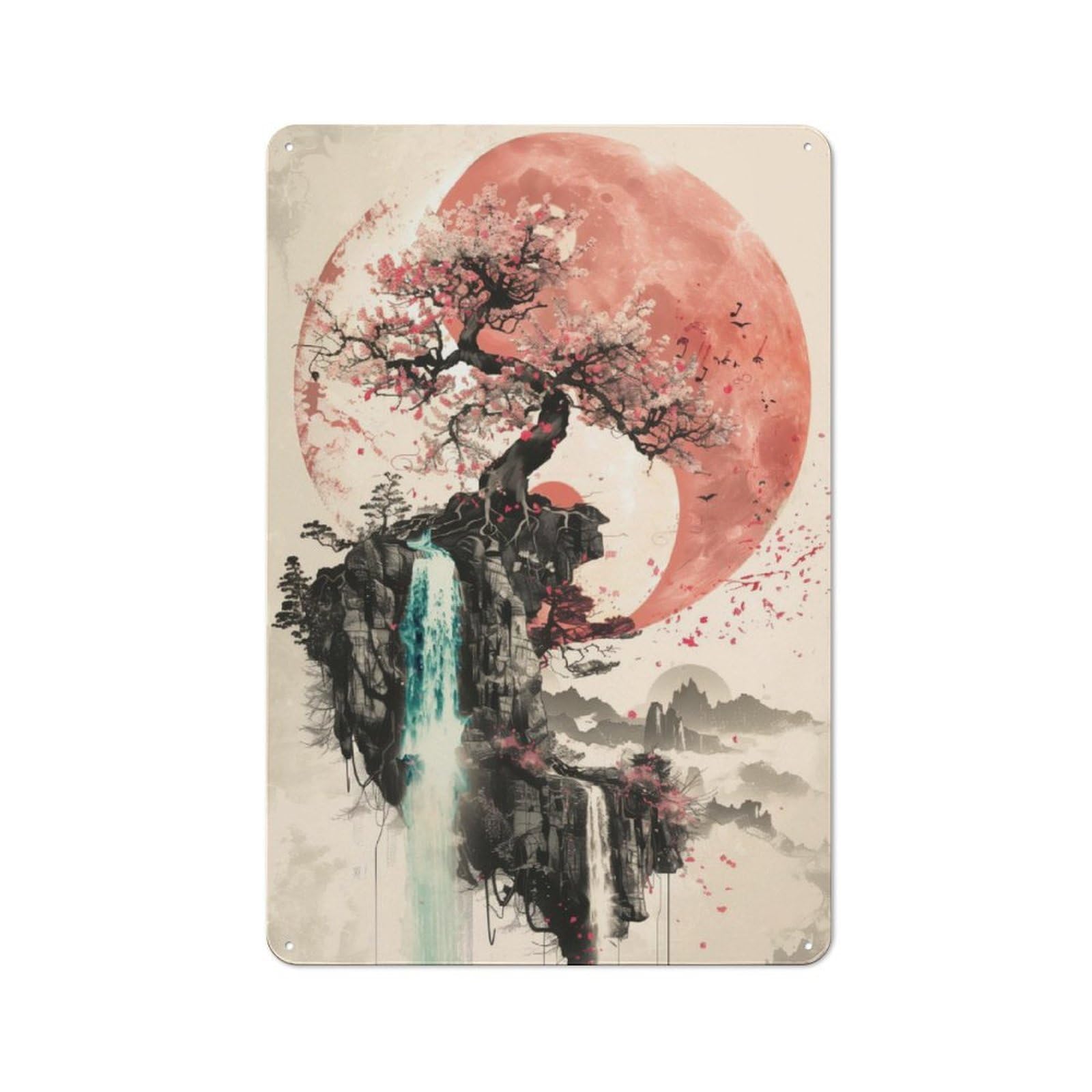 Junmoney Sakura Watrefall Yin Yang Shed Style Decorative Metal Plaque 30X20cm Featuring Porch Wall Decor For Patio Bar, Workshop, Shed Or Kitchen