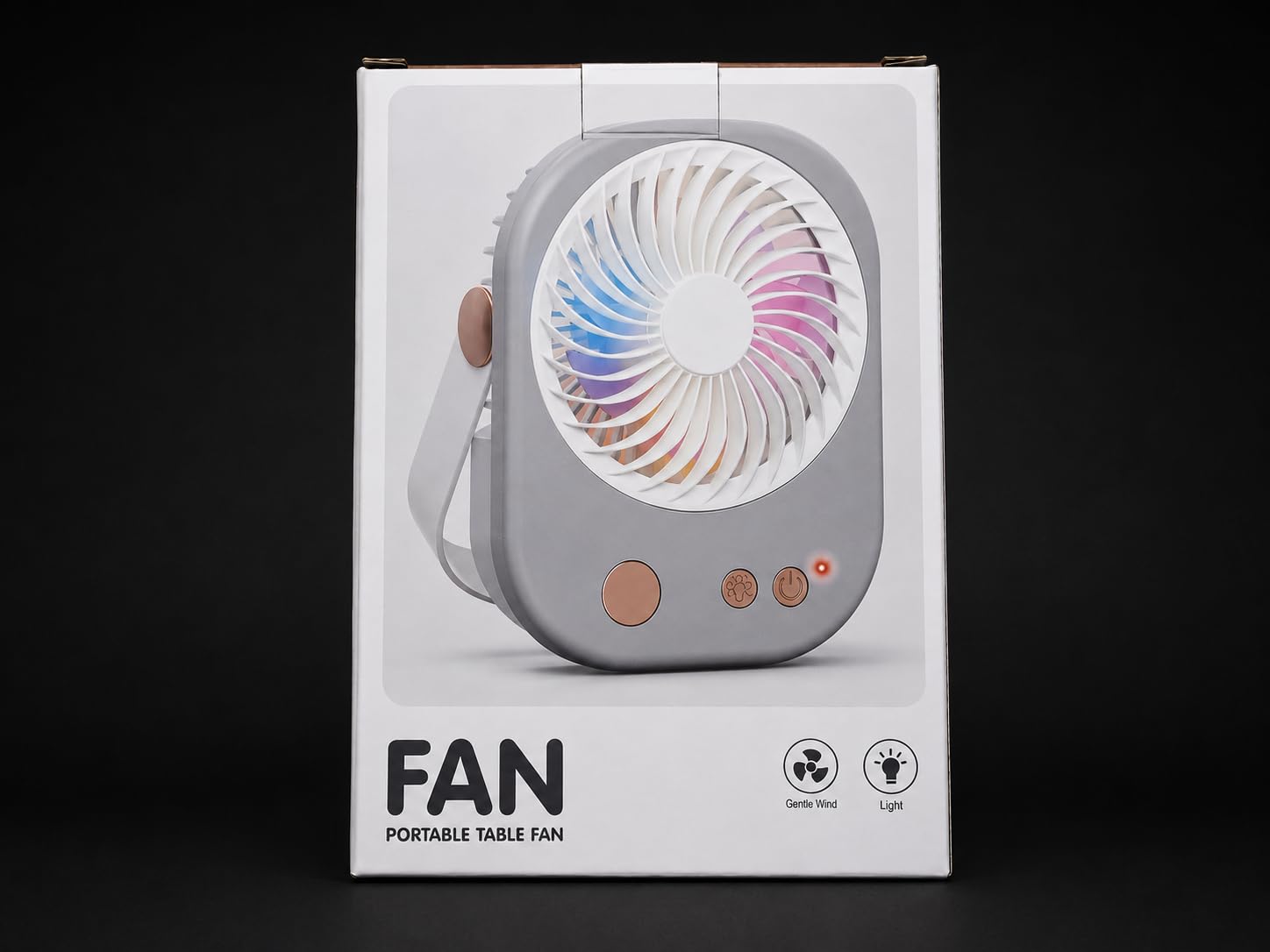 AKSU Mini Şarjlı Masaüstü Fan – RGB Işıklı ve Ayaklı Tasarım Çantada Taşımaya Uygun (KARMA RENK)