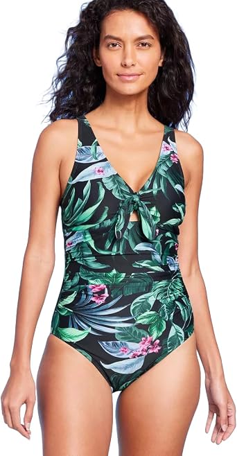 Kona Sol Womens Full Coverage Tummy Control Tie-Front One Piece Swimsuit -