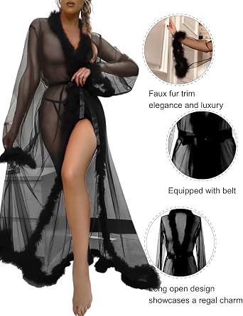 Women's Sheer Mesh Feather Trim Dressing Gown Long Kimono Robe