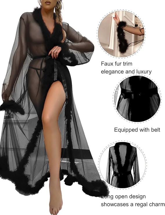 Women's Sheer Mesh Feather Trim Dressing Gown Long Kimono Robe
