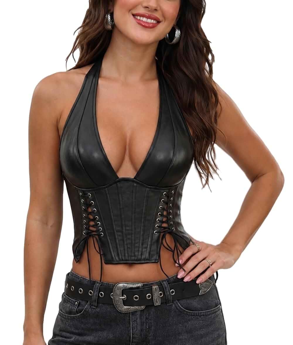 DFangel Women's PU Leather Halter Corset Top Deep V Neck Lace Up Bustier Crop Top Sleeveless Y2K Gothic Clubwear