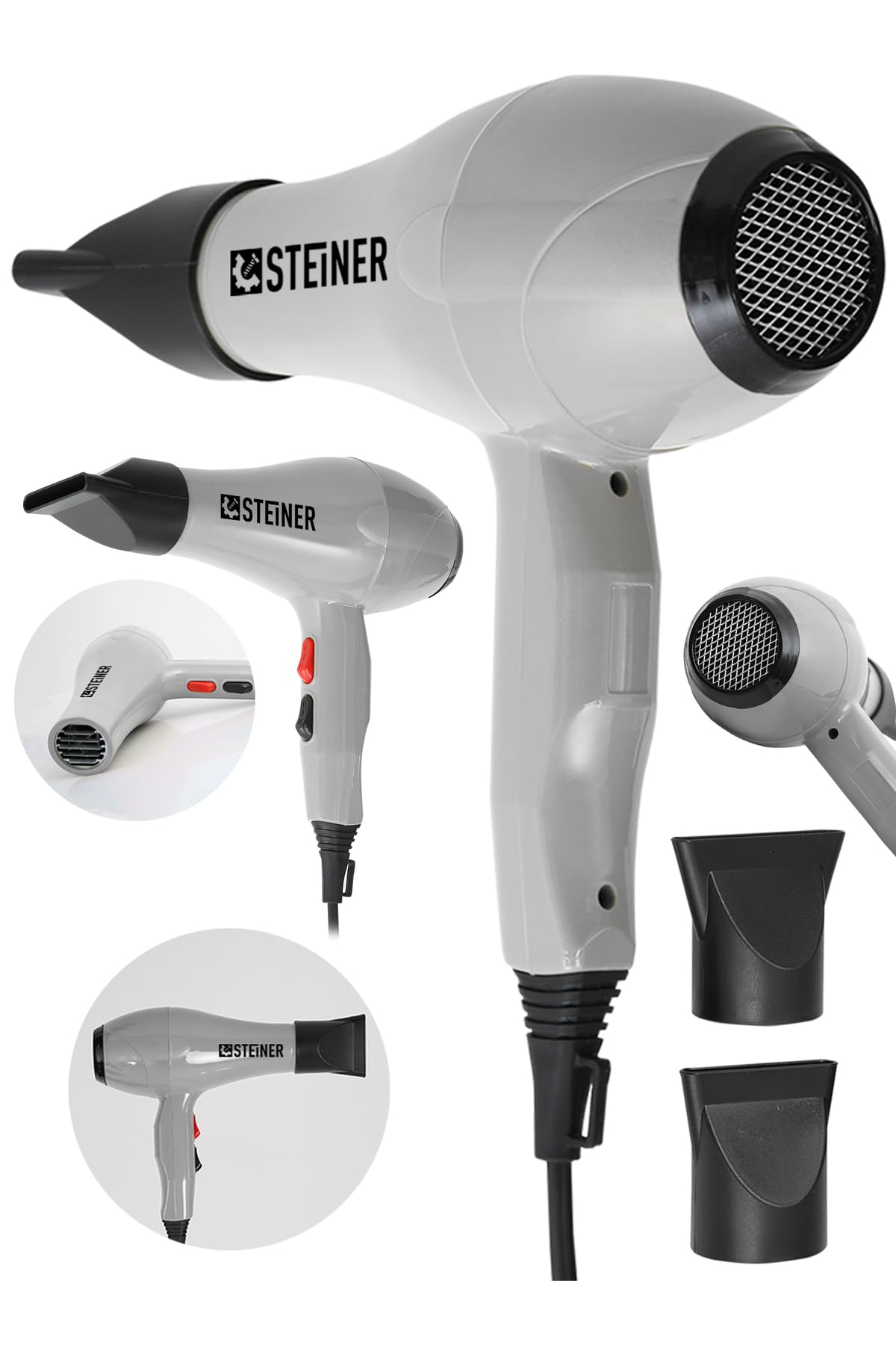 Steiner 3800 Watt Profesyonel Saç Kurutma Makinesi Fön Makinesi Ac Motor Gri+ 2 Adet Başlık