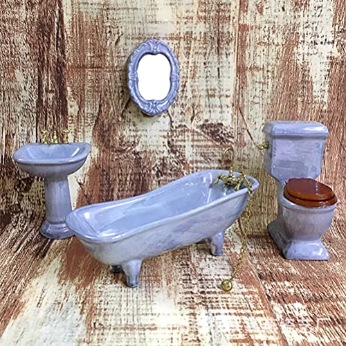 Tboxbo 1:12 Dollhouse Miniature Porcelain Set Vintage Toilet Basin Bathtub Toys Bathroom Accessories Furniture Decoration Dollhouse Mini Bath Mirror Kit, Blue #TOP8