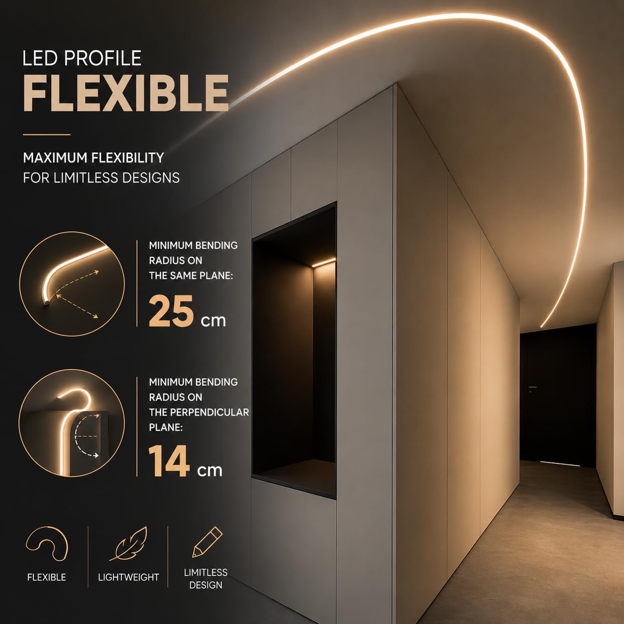Jandei Profilo Flessibile da 3 Metri per l'Integrazione di Strisce LED in Intonaco o Cartongesso, Realizzato in Alluminio Grigio. Include Diffusore in Silicone