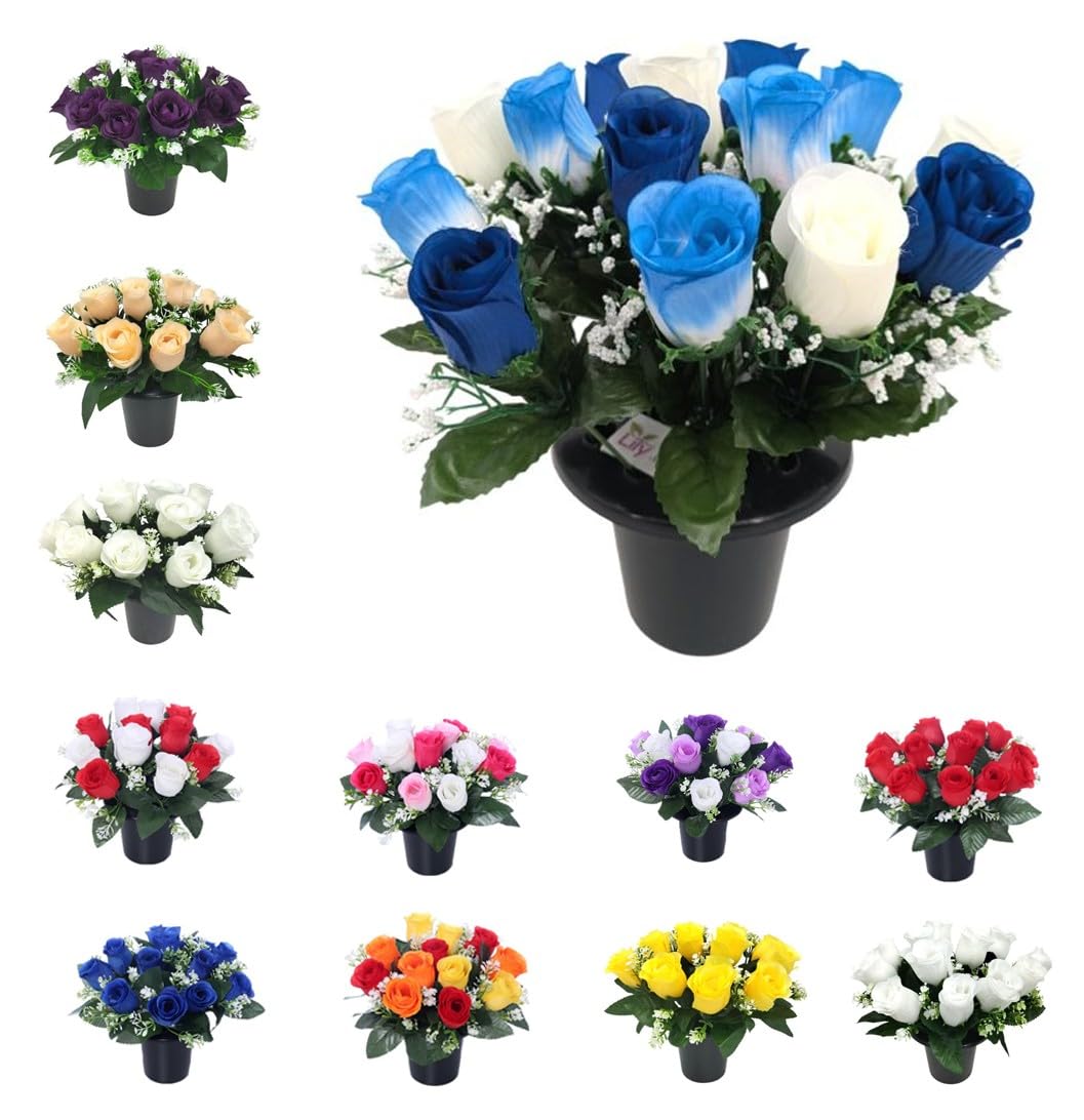 Rose Artificial Flowers in Grave Flower Pots – UV Resistant, Long-Lasting Design for Cemetery Decorations, Grave Displays, Home & Garden Memorial Arrangements (14 Rose Heads Ivory Royal Blue) — image 1