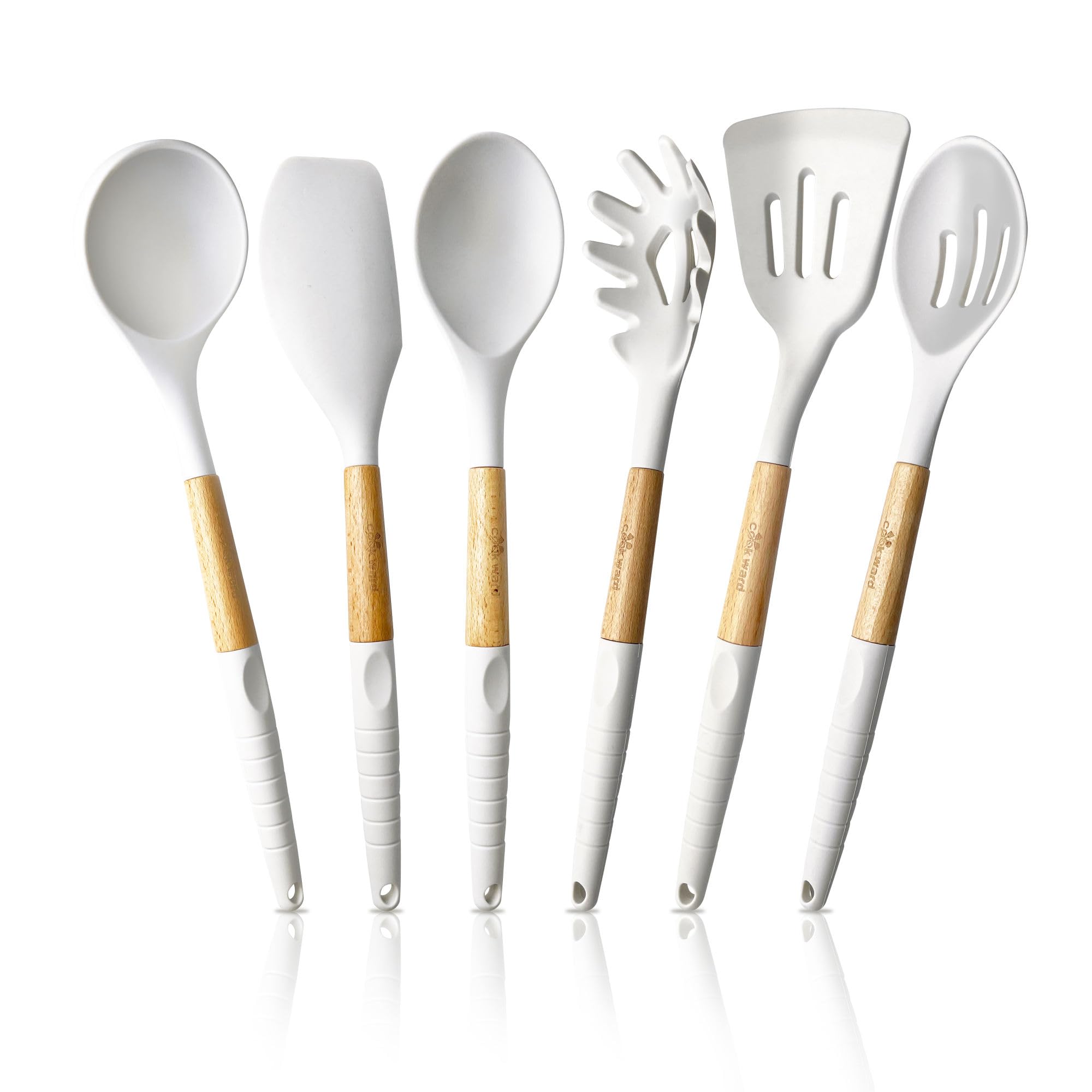 Silicone Cooking Utensils Set (6 pcs) Natural Wood Kitchen Utensils Eco Friendly & BPA Free, Non-Scratch & Non-Stick Easy Grip -White