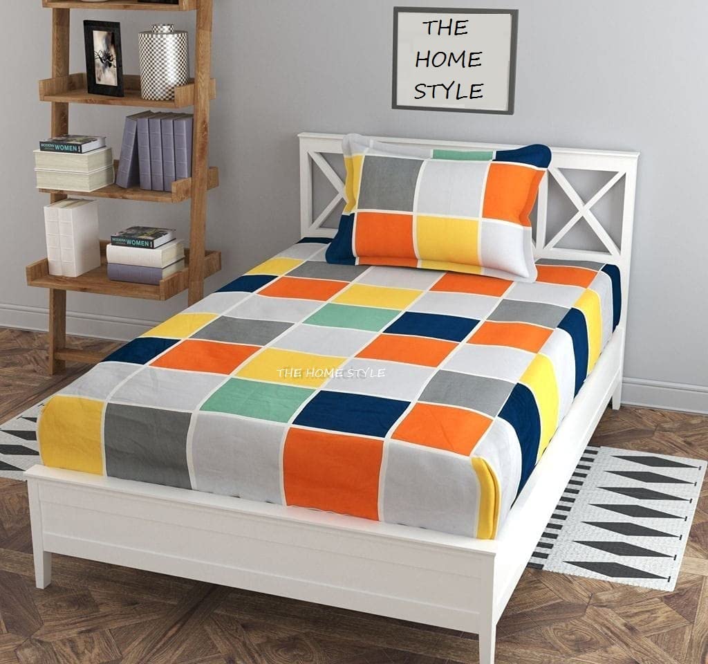 THE HOME STYLE Cotton Feel Glace Cotton Elastic Fitted All Around Printed Full Length Single Bed Bedsheet with 1 Pillow Cover (36"x78", Vibrant Checks)