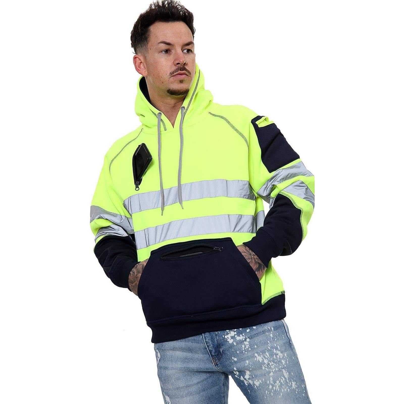 Homme Veste Haute Visibilité, Sweat Homme Capuche Zippé, Patch de Contraste Pull Over Sweat Polaire Homme Veste de Travail Homme Chantier