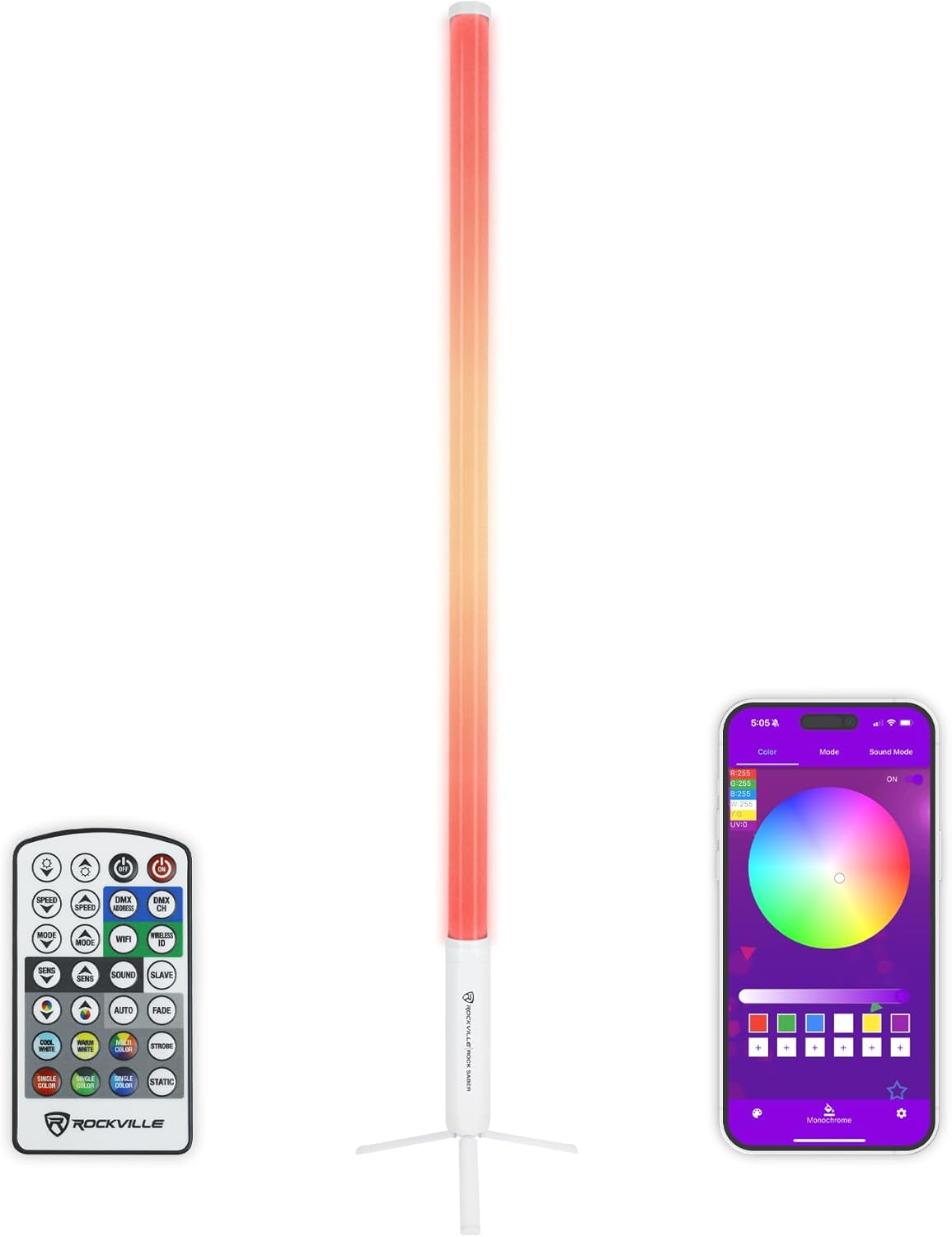 Rockville Rock Saber 192 LED Battery-Powered DJ Stage Tube Light, Wireless DMX, 12-Hour Battery Life, RGBW Color Mixing, Perfect for Events and Performances (White)