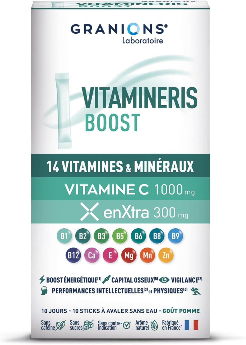 GRANIONS – Vitamineris BOOST – Multivitamins – Vitamin, Vitamin C, Vitamin B12 – Made in France – 10 vitamins, 4 minerals and a plant extract – 10 sticks Waterless – Apple taste