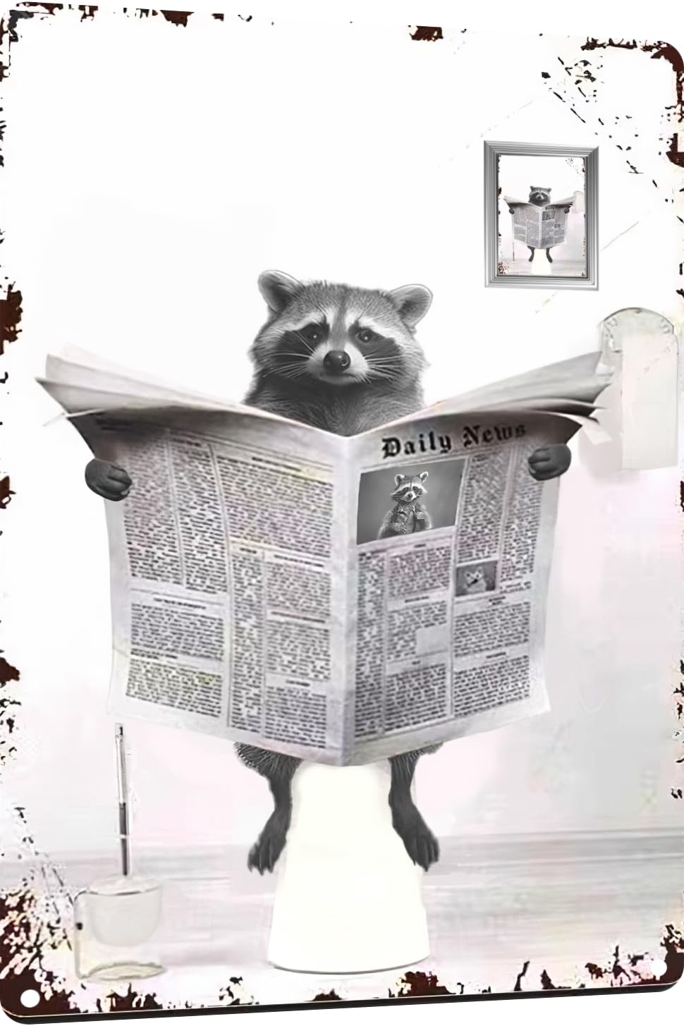 TopPacific Metal Tin Sign Vintage Raccoon Toilet Reading Newspaper Humour Funny Animal Whimsy Animal for Home, Bathroom and Toilet Wall Decor 12x16 Inch(817B)