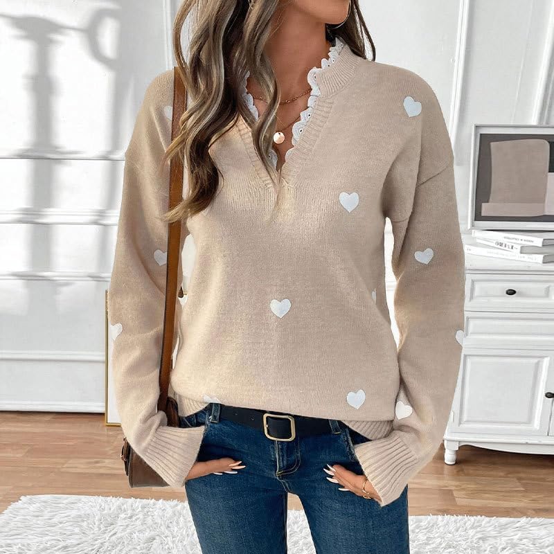 Cute Heart Print Sweater for Women - V-Neck Sweater Pullovers with Lace Trim, Knit Jumper