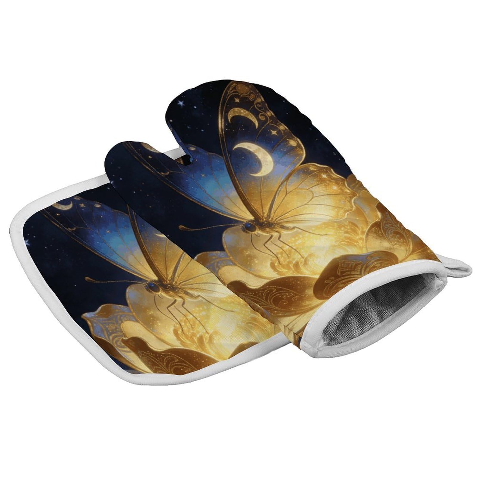 Fodpand Style Golden Retro Fantasy Starry Moon Butterfly Oven Mitt Set With Lanyard, Cooking Mitt, Protective Thermal Insulation,Kitchen Mitt For Baking, Cooking, Grilling, Microwave