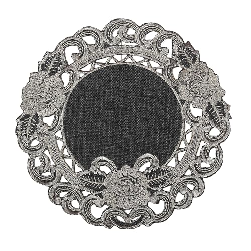Grau Tischaufleger Tisch-Deckchen Leinen-Optik Blumen Stickerei (ca. 20 cm Rund)