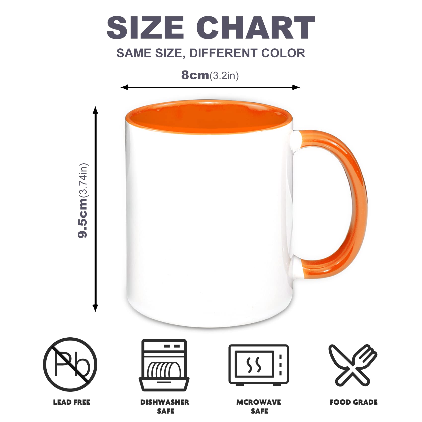 Juego de 12 tazas blancas de sublimación color interior (naranja)
