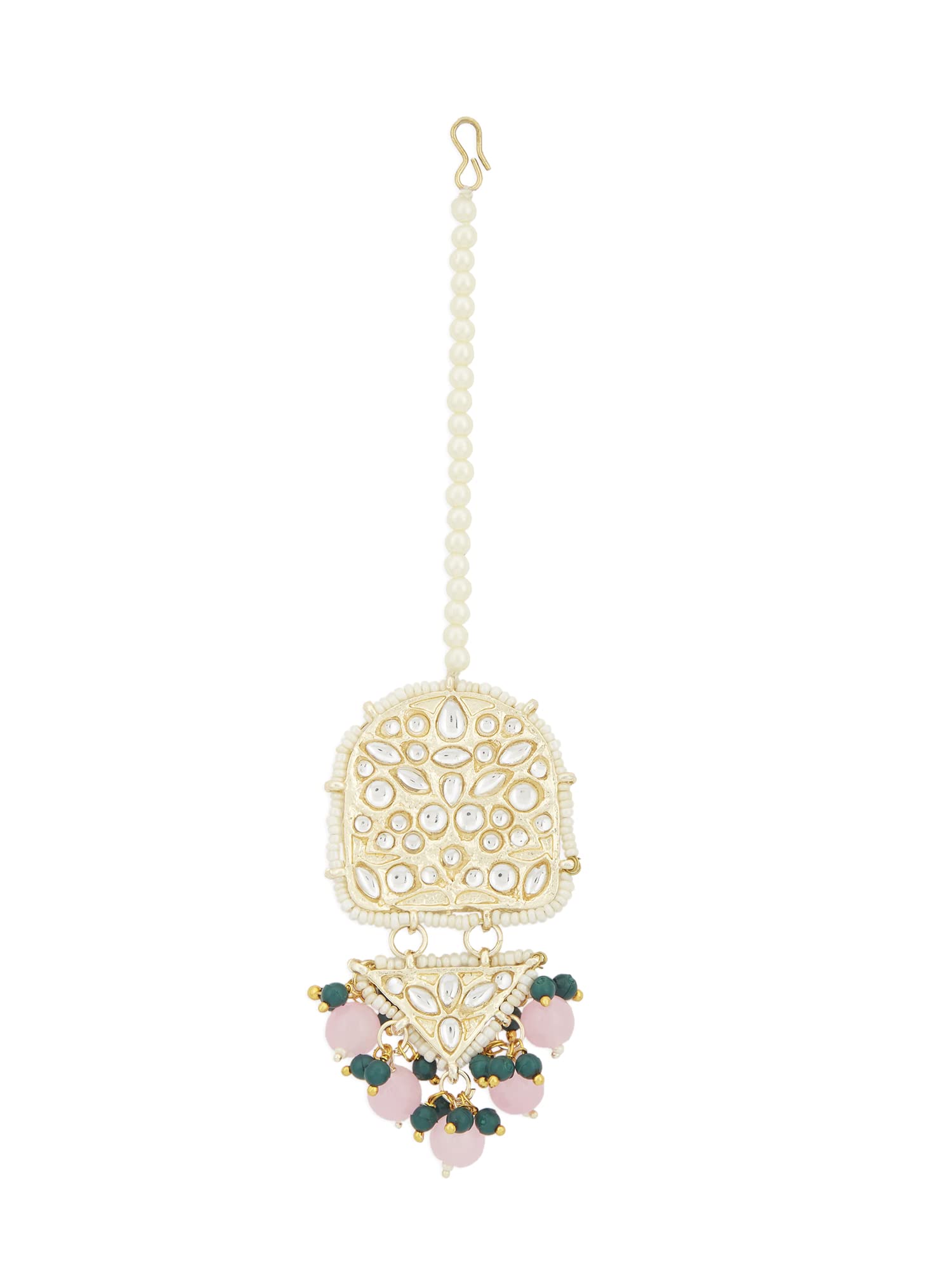 Pink & Green Cluster Beads Drop Bridal Kundan Maangtikka For Women-ZPFK13559-image-16