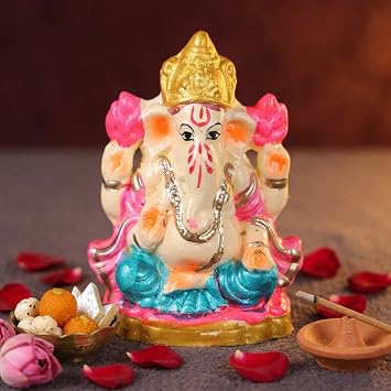 SATVIK 4 Inch Colored Bal Ganesha Idol with Pagdi Clay Ganpati Murti