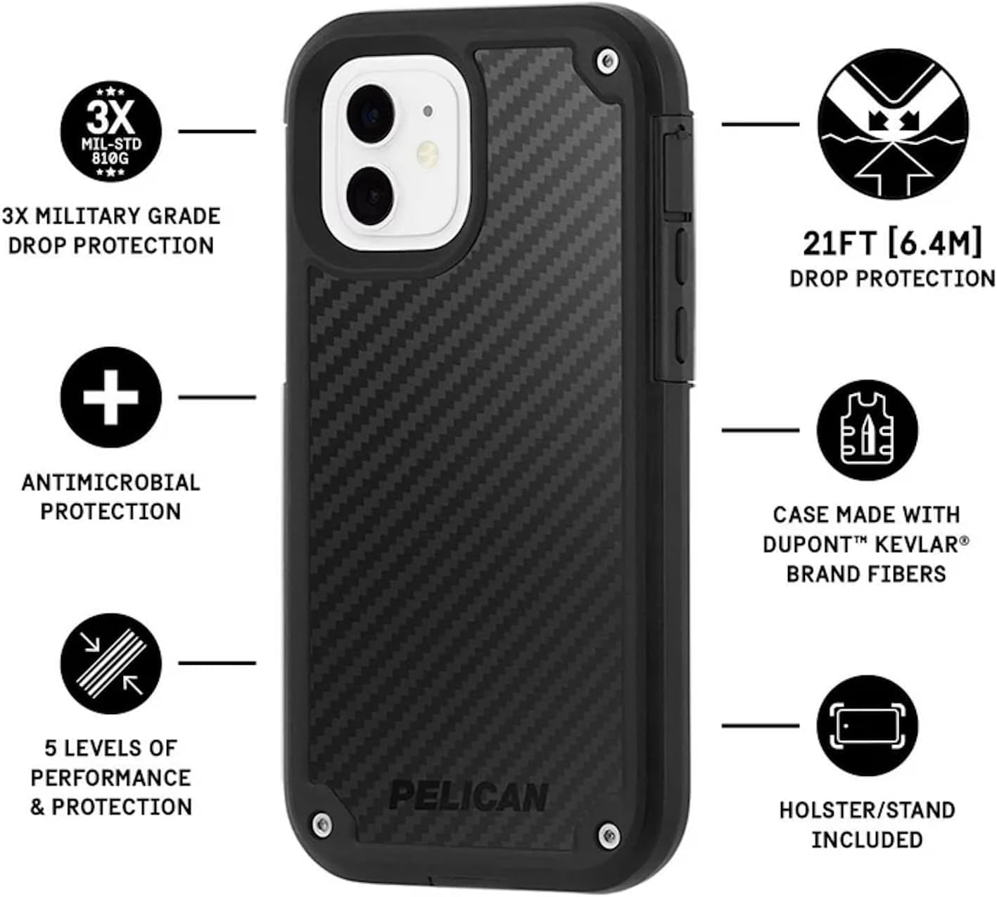 Pelican Shield Series Case for iPhone 17e / 16e / 14 – 21FT Military-Grade Drop Protection, Rugged Kevlar® Design with Belt Clip Holster & Kickstand – Black