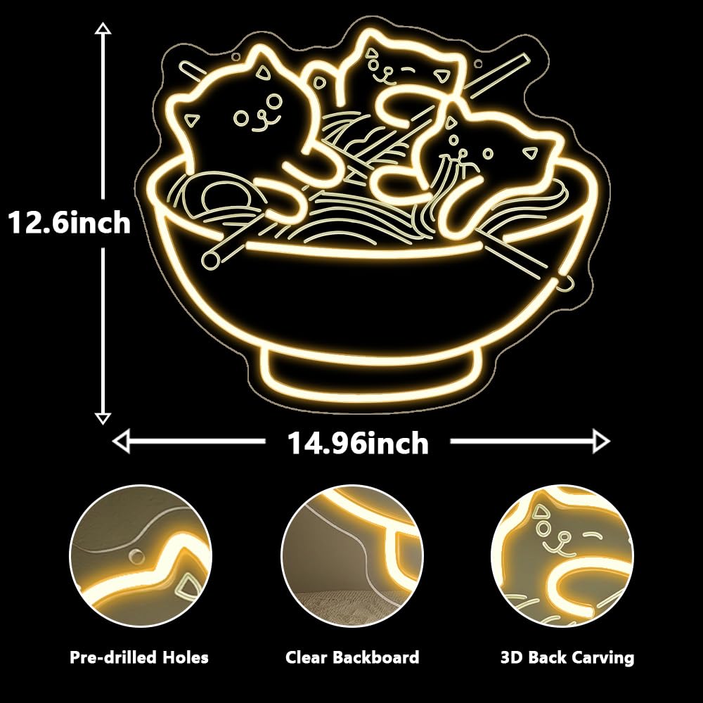 Światła LED z motywem kota, ramen, kawaii, anime, podświetlany znak do restauracji, domu, baru, kuchni, sypialni, japońskiego sklepu, makaronu, ściemniany, neonowy, prezent dla miłośników kotów
