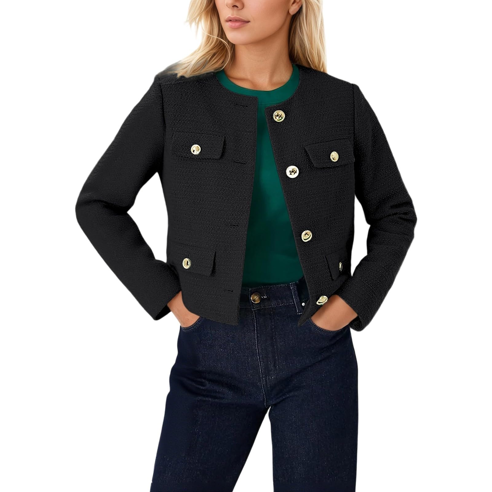 Strickjacke Damen mit Rundhalsausschnitt Knopfbesatz Cropped Schnitt vielseitig fürs Wochenende Leichter Cardigan Strickpullover Übergangsjacke lockere Passform ideal Sommer Herbst