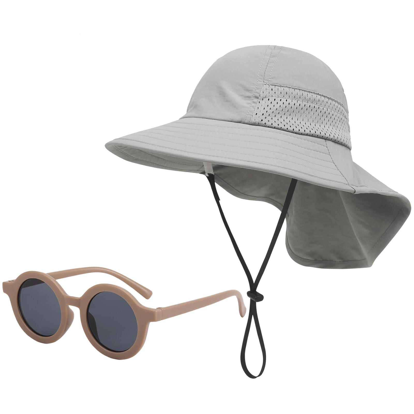 Baby Sun Hat with Sunglasses Boys Girls Wide Brim Neck Flap Beach Hat Summer UPF 50+ Protection Caps for Kids 6M-6T