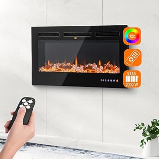 BAKAJI Elektrischer Wandkamin zur Wandmontage, Elektrokamin 3D mit 12 Farbmodi LED Flammeneffekt, leise, modernes Design, Wandofen 36 Zoll, natürlicher Feuereffekt (Livigno 91 cm)