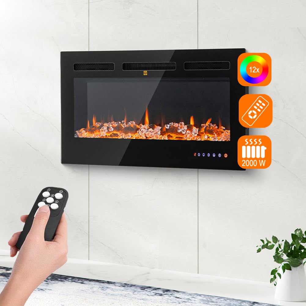 BAKAJI Camino Elettrico da Parete Incasso a Muro, Elettrocamino 3D con 12 modalità di colore LED Effetto Fiamma, Silenzioso Design Moderno, Stufa a Parete 36" Effetto Fuoco Naturale (Livigno 91 cm)