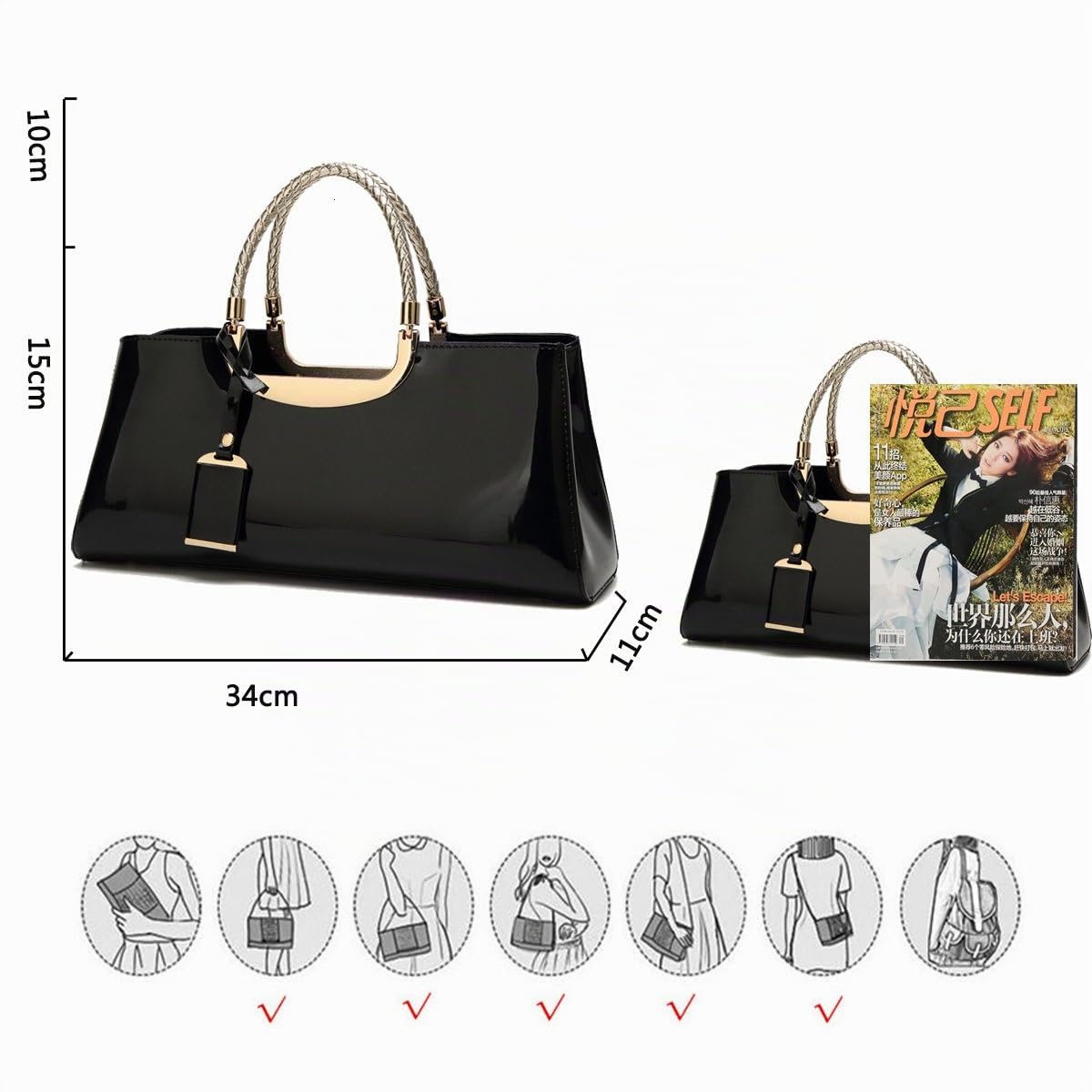 Damen Handtasche Tasche aus PU-Lackleder Henkeltasche Abendtasche Schultertasche Umhängetasche für die Hochzeit EINWEG