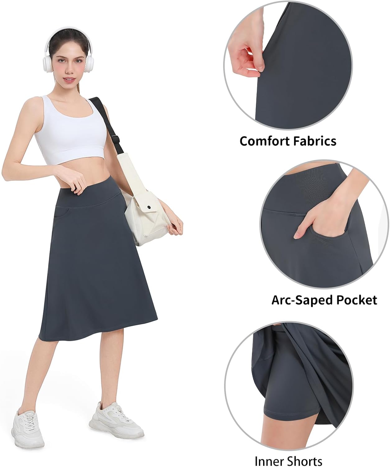 Women's Midi Knee Length Skirts with Arc-Shaped Pockets,26" Knee Long Skorts for Women Athletic Swim Skirts