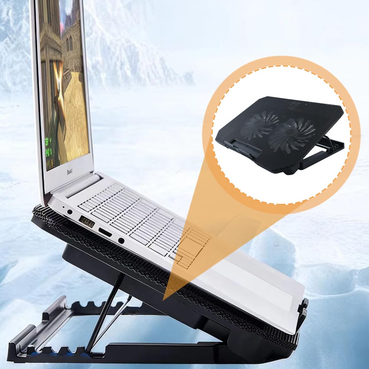 Base Refrigeradora Para Portátiles De 12 a 17 Pulgadas Con Soporte Ajustable En 4 Alturas, 2 Ventiladores Silenciosos, 2 Puertos USB Y Enfriamiento Rápido.