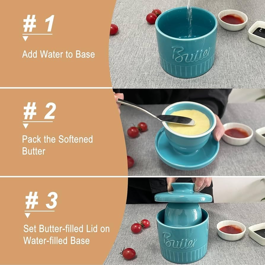 Image of Butter Crock with Water Line, Ceramic Butter French Keeper Dish with Lid for Fresh Spreadable Butter