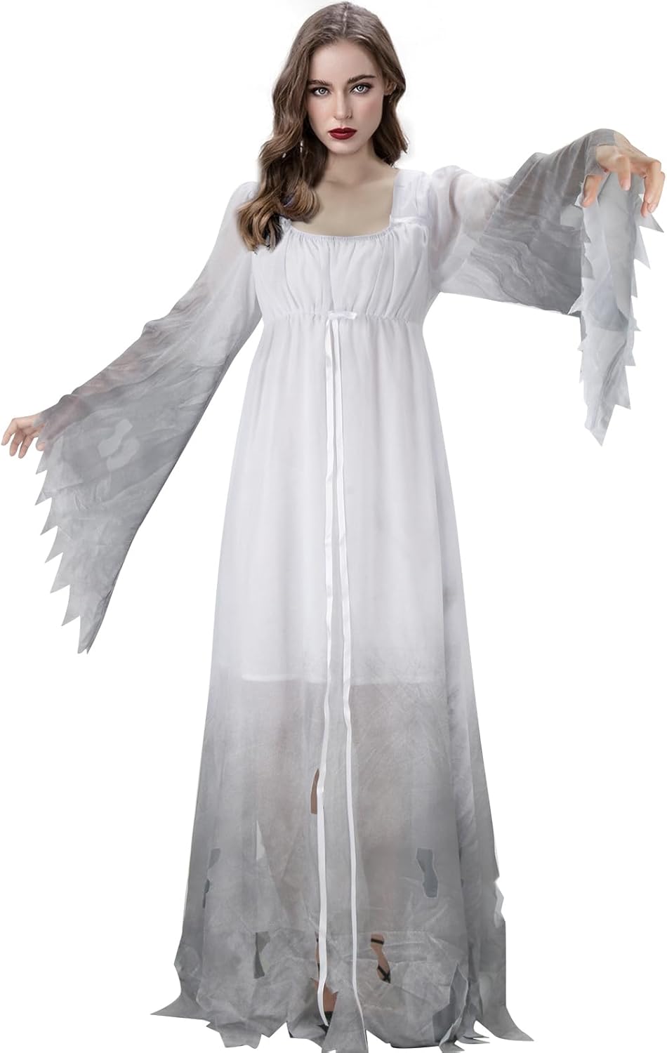HLENOK Adult Women Gossamer Ghost Bride Costume Dress White Gothic Victorial Scary Spooky Zombie Halloween Cosplay Dress Up