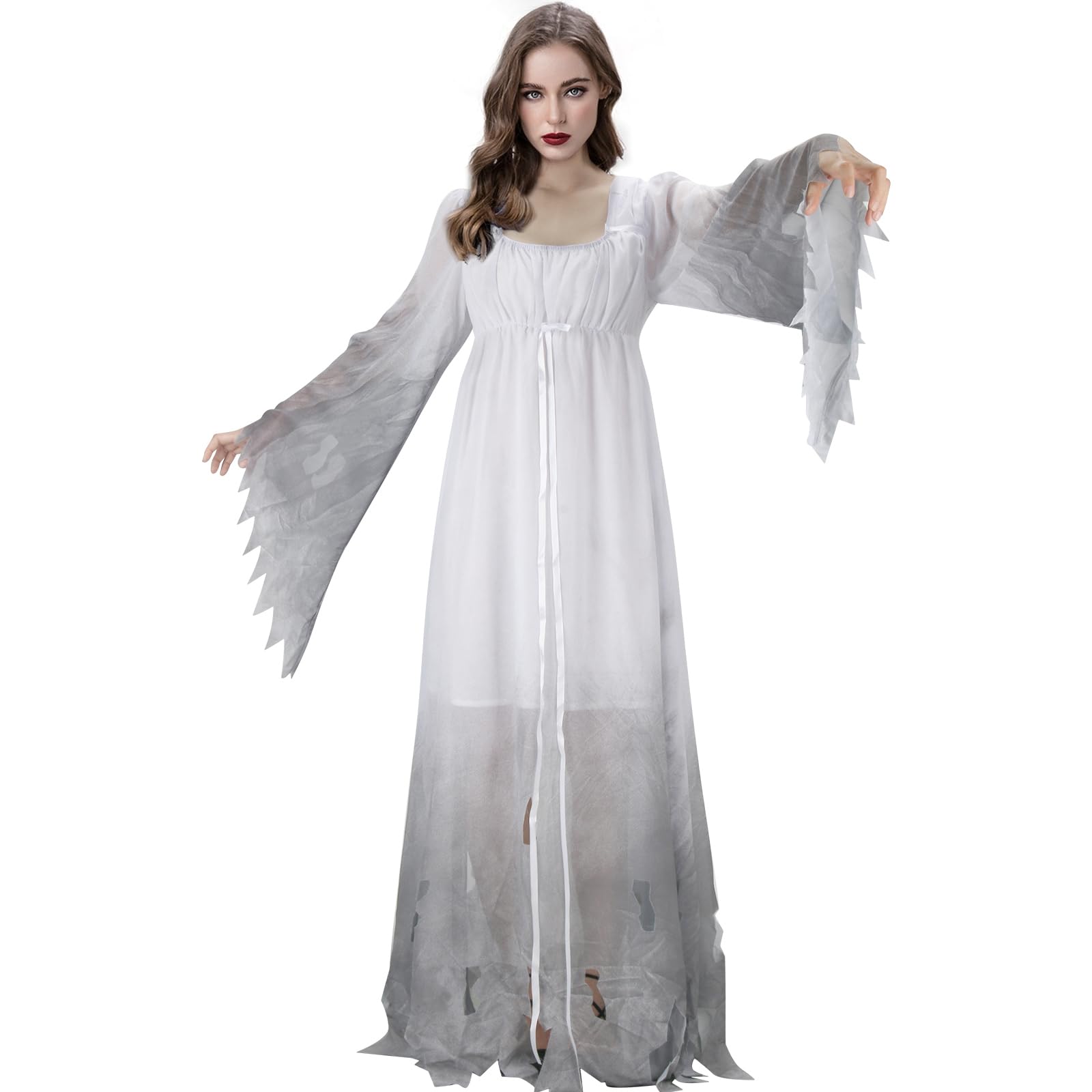 Hlenok Women's White Adult Gossamer Ghost Bride Costume Dress Gothic Victorial Scary Spooky Zombie Halloween Cosplay Dress Up (Large)