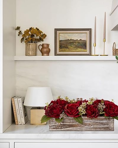 Miniatura 6 de Arreglo floral con jarrón de madera de 14" - Flores artificiales en maceta - Flores falsas, rosas, peonías, hortensias en jarrón de madera - Centros