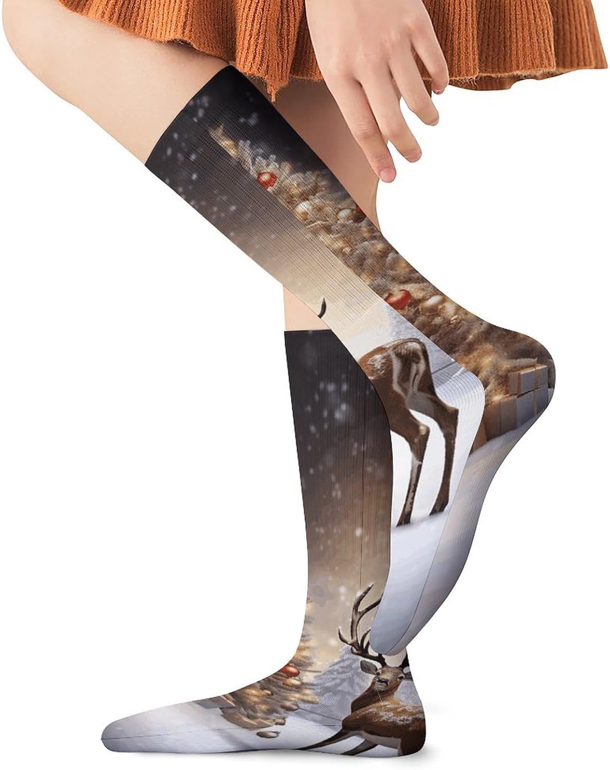 Breathable Crew Sock, Moisture Wicking, Athletic Calf Socks, Cozy | Christmas Tree And Reindeer Compression Socks for Women Men, Lightweight High Work Socks for Business, Casual