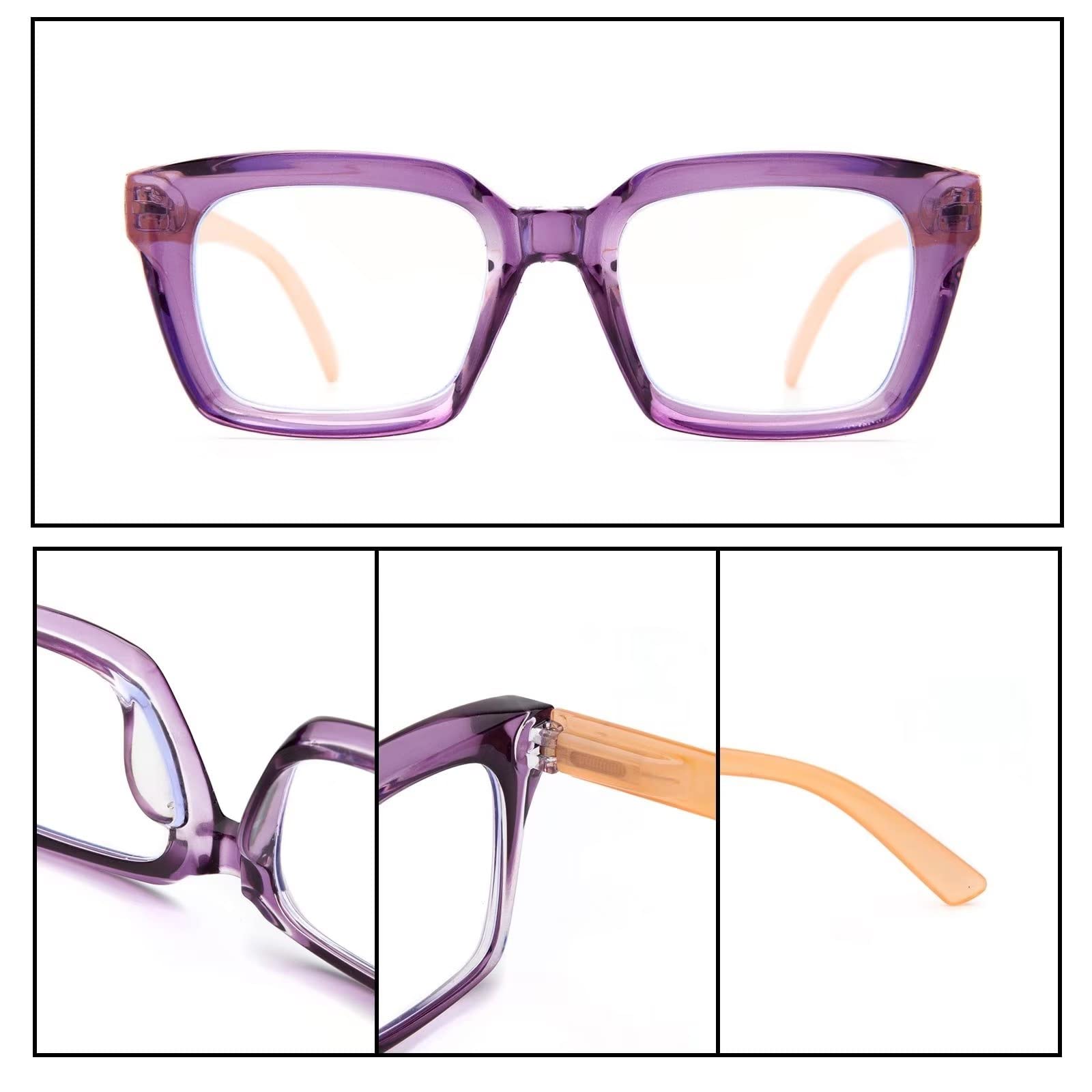 Amorays 3 Pacco Occhiali da Lettura Oversize Square Frame Vintage con Anti Luce Blu Lenti Cerniera a Molla Occhiali Presbiopia Lettori per Donna Uomo 6561NEW(3P,+1.5)